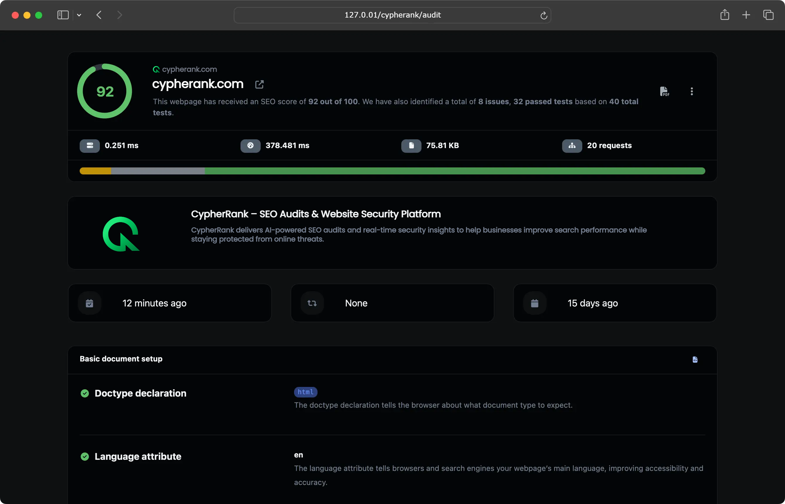 Screenshot of the app dashboard